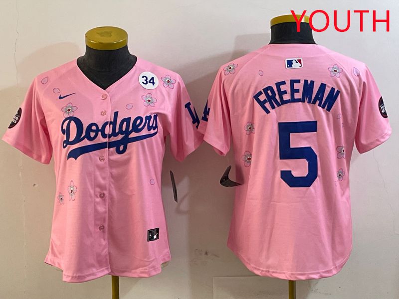 Youth Los Angeles Dodgers #5 Freeman Pink Sakura Edition 2025 Nike MLB Jersey style 7